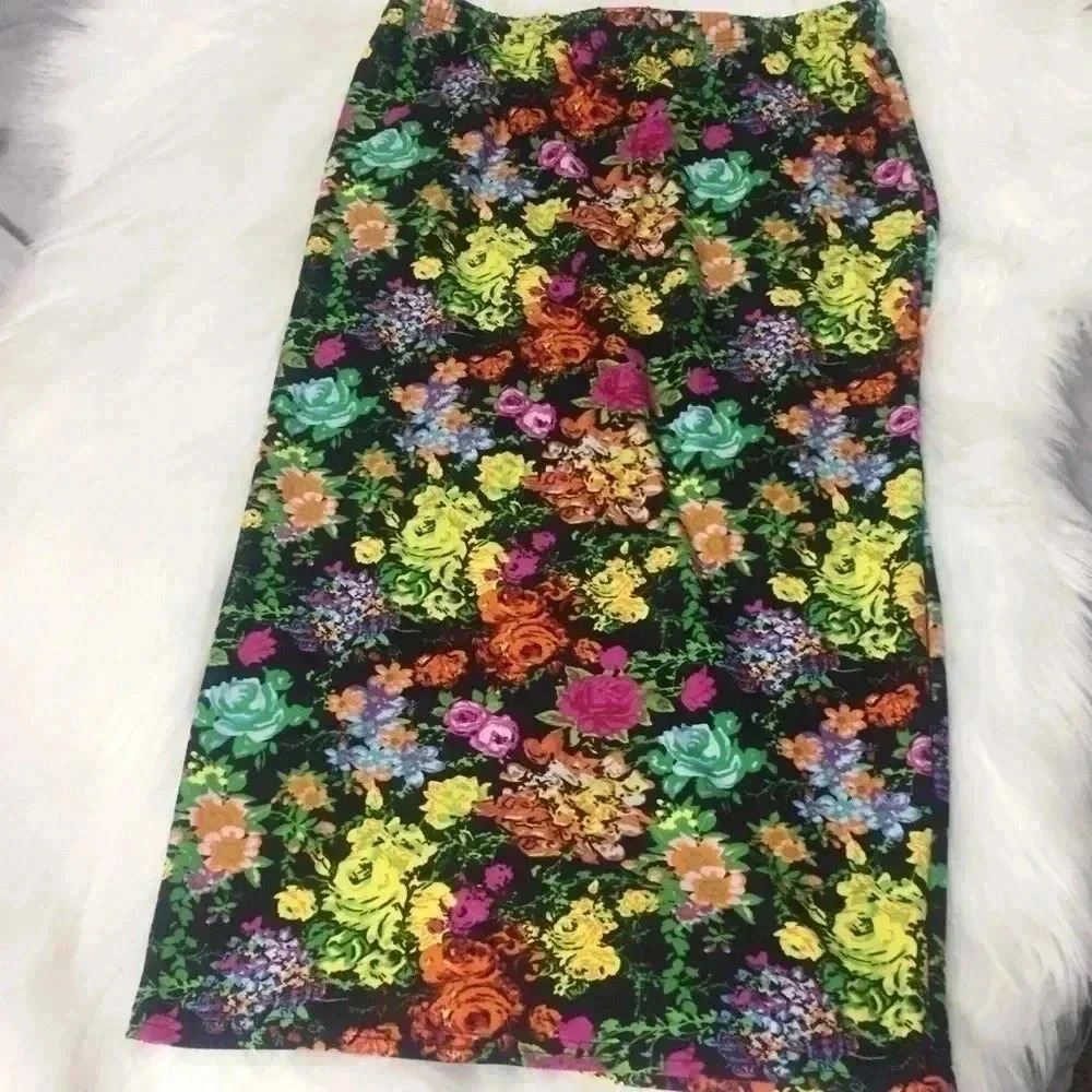 Black Floral Pencil Skirt with Neon Flowers